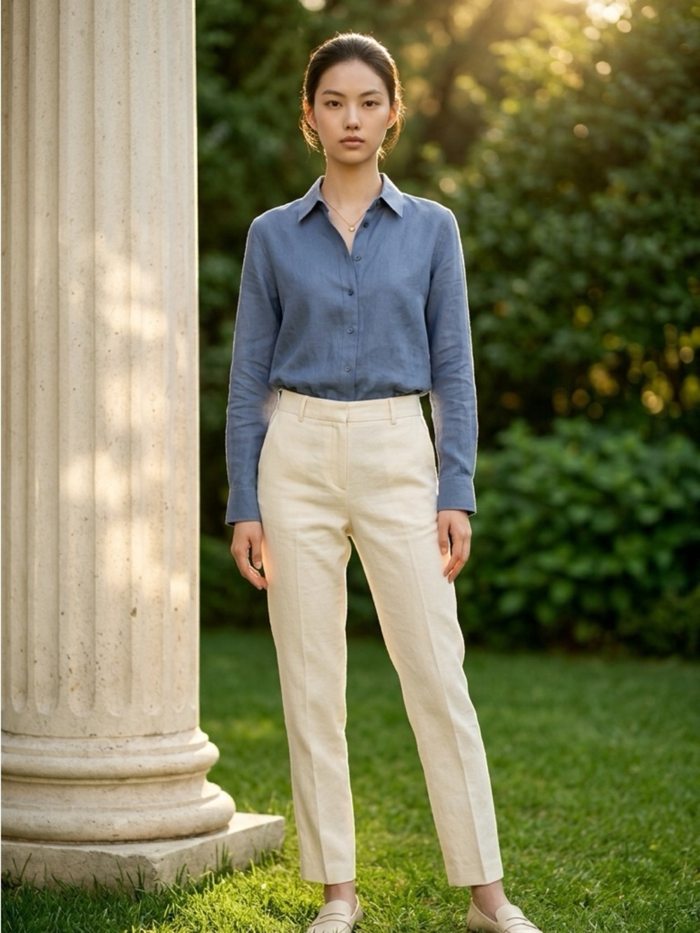 Ralph Lauren Slate Blue Linen Button-Down Blouse
